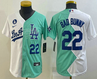 Youth Los Angeles Dodgers #22 Bad Bunny White Green Two Tone 2022 Celebrity Softball Game Cool Base Jersey 01