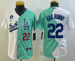 Youth Los Angeles Dodgers #22 Bad Bunny White Green Two Tone 2022 Celebrity Softball Game Cool Base Jersey 02