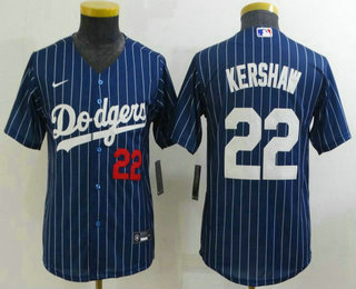 Youth Los Angeles Dodgers #22 Clayton Kershaw Navy Blue Pinstripe Stitched MLB Cool Base Nike Jersey