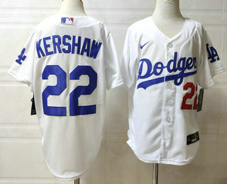 Youth Los Angeles Dodgers #22 Clayton Kershaw White With Front  Number Stitched MLB Cool Base Nike Jersey