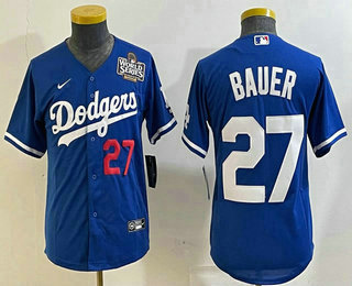 Youth Los Angeles Dodgers #27 Trevor Bauer Number Blue 2024 World Series Limited Cool Base Stitched Jersey