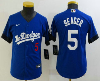 Youth Los Angeles Dodgers #5 Corey Seager Blue 2021 City Connect Number Cool Base Stitched Jersey