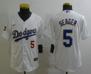 Youth Los Angeles Dodgers #5 Corey Seager Red Number White Gold Championship Stitched MLB Cool Base Nike Jersey