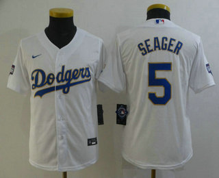 Youth Los Angeles Dodgers #5 Corey Seager White Gold Championship Stitched MLB Cool Base Nike Jersey