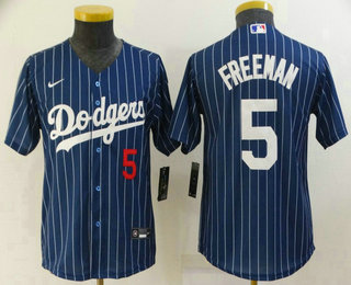 Youth Los Angeles Dodgers #5 Freddie Freeman Navy Blue Pinstripe Stitched MLB Cool Base Nike Jersey