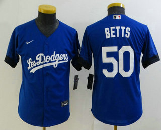 Youth Los Angeles Dodgers #50 Mookie Betts Blue 2021 City Connect Cool Base Stitched Jersey