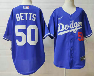 Youth Los Angeles Dodgers #50 Mookie Betts Blue With Front  Number Stitched MLB Cool Base Nike Jersey