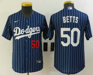 Youth Los Angeles Dodgers #50 Mookie Betts Navy Blue Pinstripe Stitched MLB Cool Base Nike Jersey