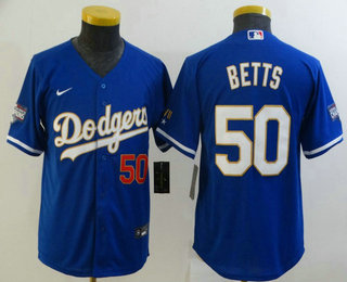 Youth Los Angeles Dodgers #50 Mookie Betts Red Number Blue Gold Championship Stitched MLB Cool Base Nike Jersey