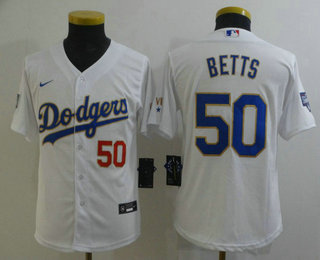 Youth Los Angeles Dodgers #50 Mookie Betts Red Number White Gold Championship Stitched MLB Cool Base Nike Jersey