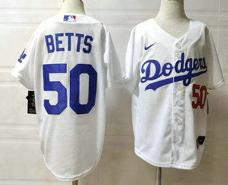 Youth Los Angeles Dodgers #50 Mookie Betts White With Front  Number Stitched MLB Cool Base Nike Jersey