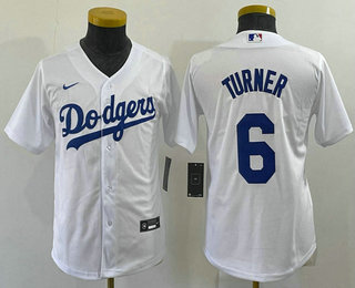 Youth Los Angeles Dodgers #6 Trea Turner White Stitched MLB Cool Base Nike Jersey