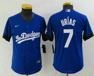 Youth Los Angeles Dodgers #7 Julio Urias Blue 2021 City Connect Cool Base Stitched Jersey