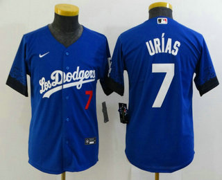 Youth Los Angeles Dodgers #7 Julio Urias Blue 2021 City Connect Number Cool Base Stitched Jersey