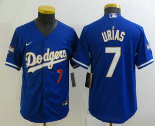 Youth Los Angeles Dodgers #7 Julio Urias Red Number Blue Gold Championship Stitched MLB Cool Base Nike Jersey