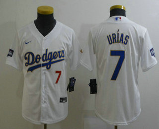 Youth Los Angeles Dodgers #7 Julio Urias Red Number White Gold Championship Stitched MLB Cool Base Nike Jersey