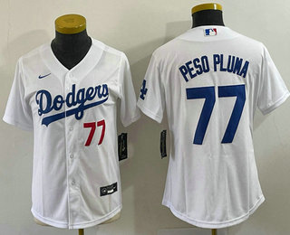 Youth Los Angeles Dodgers #77 Peso Pluma Number White Stitched Cool Base Nike Jersey