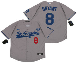 Youth Los Angeles Dodgers #8 Kobe Bryant Grey KB Patch Stitched MLB Cool Base Nike Jersey