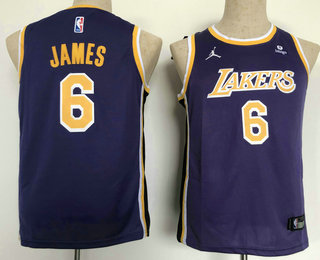 Youth Los Angeles Lakers #6 LeBron James Purple 2021 Brand Jordan Swingman Stitched Jersey With Sponsor