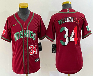 Youth Mexico Baseball #34 Fernando Valenzuela Number 2023 Red World Classic Stitched Jersey 21