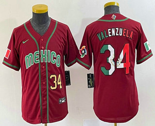 Youth Mexico Baseball #34 Fernando Valenzuela Number 2023 Red World Classic Stitched Jersey 22