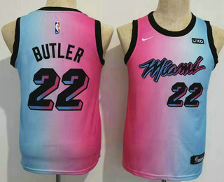 Youth Miami Heat #22 Jimmy Butler Pink Blue 2021 Nike City Edition Sponsor Swingman Jersey