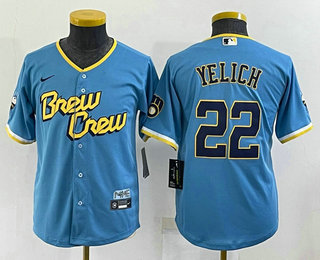 Youth Milwaukee Brewers #22 Christian Yelich Blue 2022 City Connect Cool Base Stitched Jersey