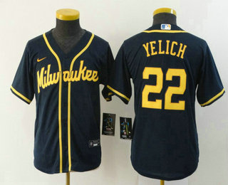 Youth Milwaukee Brewers #22 Christian Yelich Navy Blue Stitched MLB Cool Base Nike Jersey