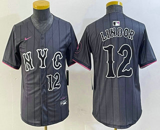 Youth New York Mets #12 Francisco Lindor Number Grey 2024 City Connect Cool Base Stitched Jersey