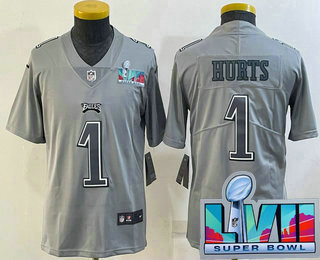 Youth Philadelphia Eagles #1 Jalen Hurts Gray Super Bowl LVII Patch Atmosphere Fashion Stitched Jersey