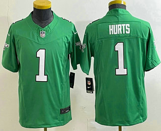 Youth Philadelphia Eagles #1 Jalen Hurts Green 2023 FUSE Vapor Limited Throwback Stitched Jersey