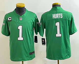 Youth Philadelphia Eagles #1 Jalen Hurts Green C Patch 2023 FUSE Vapor Limited Throwback Stitched Jersey