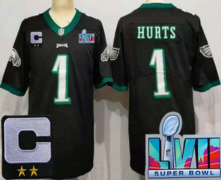 Youth Philadelphia Eagles #1 Jalen Hurts Limited Black C Patch Super Bowl LVII Vapor Jersey