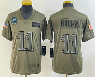 Youth Philadelphia Eagles #11 AJ Brown NEW Olive 2019 Salute To Service Stitched NFL Nike Limited Jersey