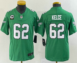 Youth Philadelphia Eagles #62 Jason Kelce Green C Patch 2023 FUSE Vapor Limited Throwback Stitched Jersey