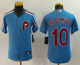 Youth Philadelphia Phillies #10 JT Realmuto Light Blue Cooperstown Cool Base Jersey