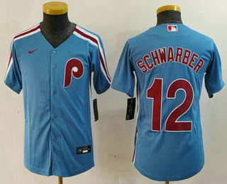 Youth Philadelphia Phillies #12 Kyle Schwarber Light Blue Cooperstown Cool Base Jersey