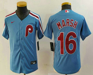 Youth Philadelphia Phillies #16 Brandon Marsh Light Blue Cooperstown Cool Base Jersey