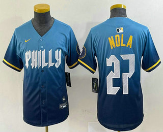 Youth Philadelphia Phillies #27 Aaron Nola Blue 2024 City Connect Limited Stitched Jersey