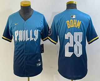 Youth Philadelphia Phillies #28 Alec Bohm Blue 2024 City Connect Limited Stitched Jersey