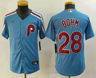 Youth Philadelphia Phillies #28 Alec Bohm Light Blue Cooperstown Cool Base Jersey