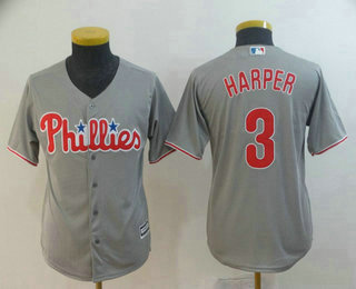 Youth Philadelphia Phillies #3 Bryce Harper Gray Stitched MLB Cool Base Jersey