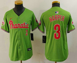 Youth Philadelphia Phillies #3 Bryce Harper Green With Patch Stitched Cool Base Nike Jersey