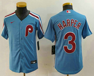 Youth Philadelphia Phillies #3 Bryce Harper Light Blue Cooperstown Cool Base Jersey