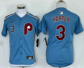 Youth Philadelphia Phillies #3 Bryce Harper Number Light Blue Cooperstown Stitched Limited Jersey