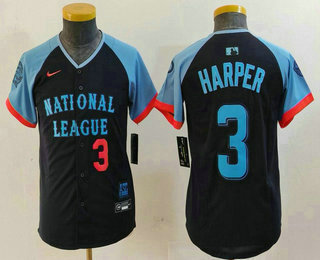 Youth Philadelphia Phillies #3 Bryce Harper Number Navy 2024 All Star Limited Stitched Jersey 02