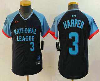 Youth Philadelphia Phillies #3 Bryce Harper Number Navy 2024 All Star Limited Stitched Jersey