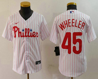 Youth Philadelphia Phillies #45 Zack Wheeler White Pinstripe Stitched Cool Base Jersey