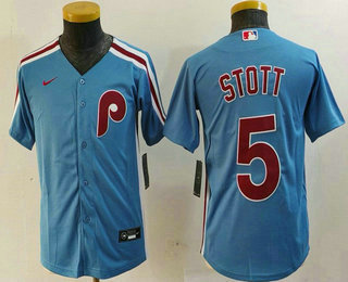 Youth Philadelphia Phillies #5 Bryson Stott Light Blue Cooperstown Cool Base Jersey