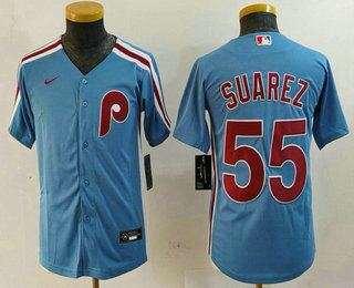 Youth Philadelphia Phillies #55 Ranger Suarez Light Blue Cooperstown Cool Base Jersey